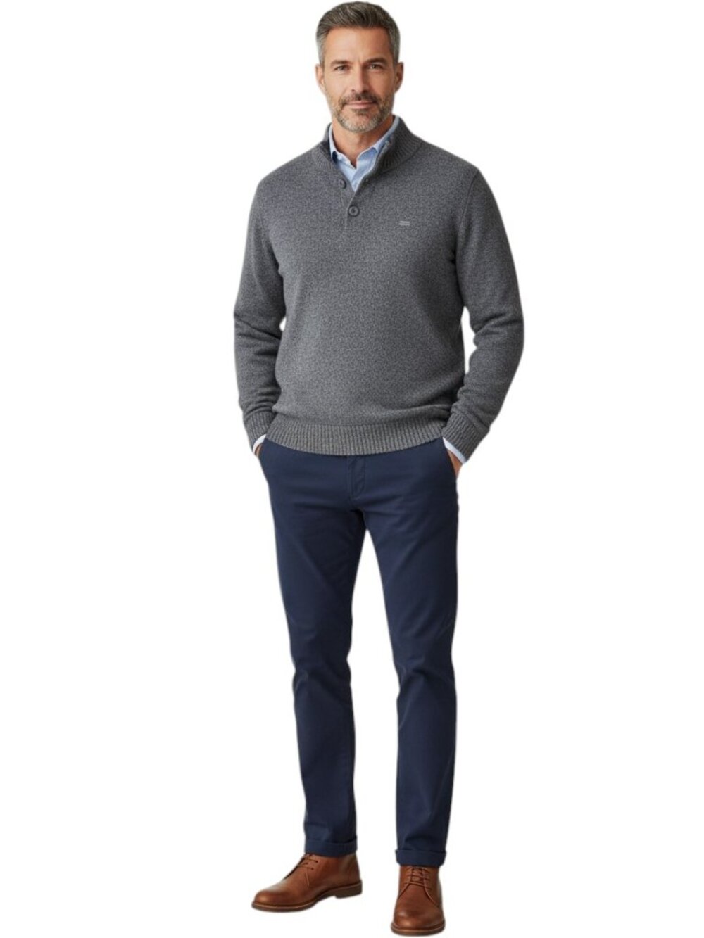 Mens Lambswool Sweater US Large Euro Size 52 Gray Button Mock Neck Royal Class